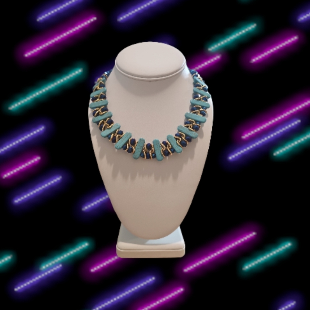 Boho Style Two Rows Crescent High - Quality Turquoise Crystal Necklace. - Picture 7 of 10